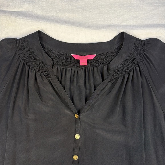 Lilly Pulitzer Black Elsa 100% Silk Balloon Sleeve Top Large Boho Elegance Whims - Picture 2 of 7